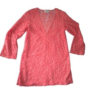 J.Valdi Coral Pink Floral Lace Sheer Cover-Up Deep V-Necc 3/4 Sleeves